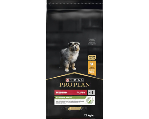 Hrană pentru câini Purina Pro Plan Medium Puppy Healthy Start, pui, bogată în proteine, cu colostru, fără coloranți adăugați, 12 kilograme