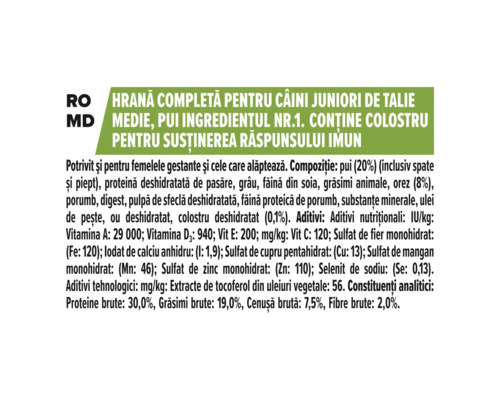 Informații despre hrana completă pentru câini juniori de talie medie cu pui și colostru, listă ingrediente și compoziție.