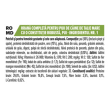 Etichetă informativă pentru hrana pentru pui de câine de talie mare cu pui, care prezintă ingredientele și analiza nutrițională.