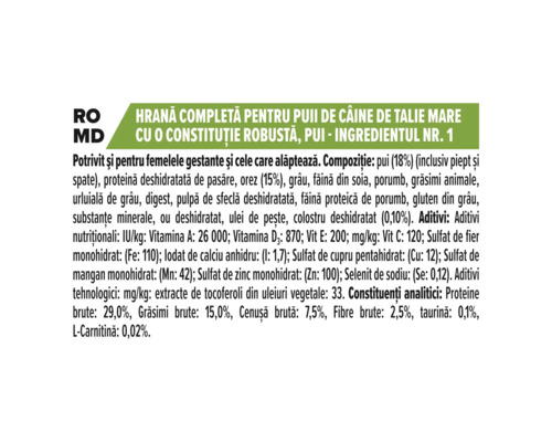 Etichetă informativă pentru hrana pentru pui de câine de talie mare cu pui, care prezintă ingredientele și analiza nutrițională.