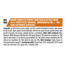 Informații despre produs și compoziția hranei pentru câini adulți de talie mare cu constituție robustă.