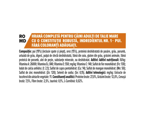 Informații despre produs și compoziția hranei pentru câini adulți de talie mare cu constituție robustă.