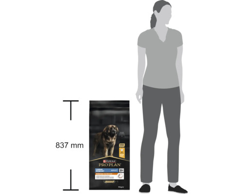 14 kilograme de hrană Purina Pro Plan Adult Large Robust lângă o siluetă pentru compararea dimensiunii. Sacul are 837 milimetri înălțime.