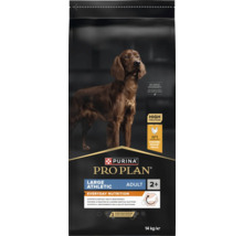 Hrană pentru câini Purina Pro Plan pentru adulți de talie mare atletici, Everyday Nutrition cu pui, sac de 14 kilograme cu un câine maro.