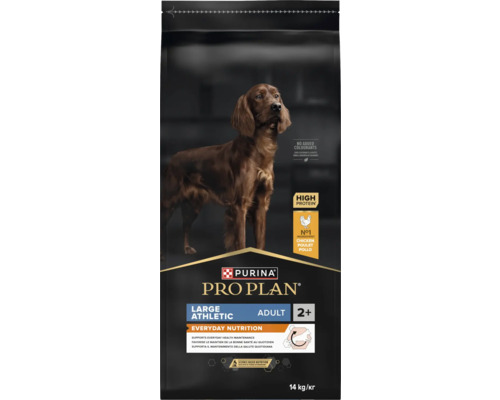 Hrană pentru câini Purina Pro Plan pentru adulți de talie mare atletici, Everyday Nutrition cu pui, sac de 14 kilograme cu un câine maro.