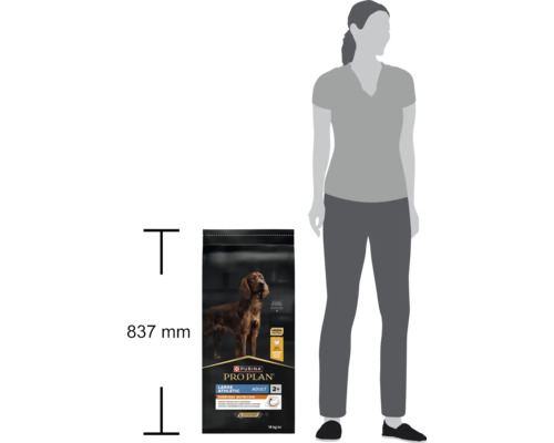 Un sac de 14 kilograme de hrană uscată pentru câini Purina Pro Plan Large Athletic Adult lângă silueta unei persoane pentru compararea mărimii.