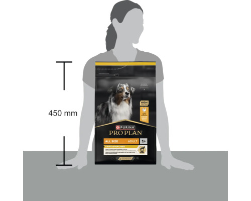 Purina Pro Plan hrană pentru câini adulți All Size Light Sterilised cu pui, înălțime 450 milimetri, scară lângă o persoană.