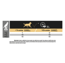 Tabel de hrănire pentru câini cu rații în grame pe zi în funcție de greutate (1, 5, 10 kilograme) și activitate (sub o oră sau 1 până la 3 ore).