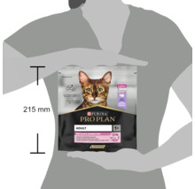 Hrană pentru pisici Purina Pro Plan Adult Delicate Digestion pentru digestie sensibilă într-un ambalaj de 215 milimetri înălțime.