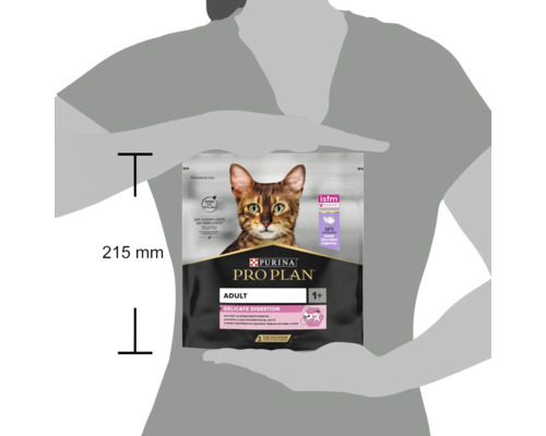Hrană pentru pisici Purina Pro Plan Adult Delicate Digestion pentru digestie sensibilă într-un ambalaj de 215 milimetri înălțime.