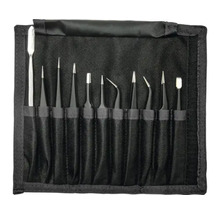 Set de pensete cu spatulă în husă neagră din material textil, 10 piese, diverse forme de vârfuri din oțel inoxidabil.