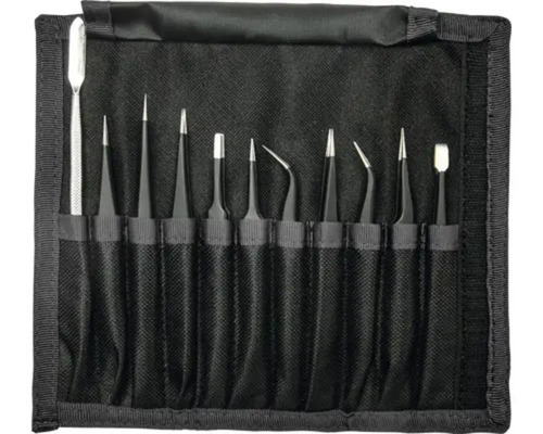 Set de pensete cu spatulă în husă neagră din material textil, 10 piese, diverse forme de vârfuri din oțel inoxidabil.