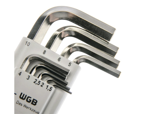 Set de chei imbus WGB într-un suport alb, dimensiuni de la 1,5 la 10 milimetri.