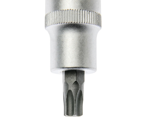 Cap de cheie tubulară argintiu cu bit Torx din metal cu margine zimțată.