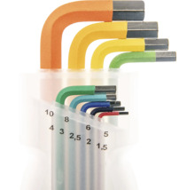 Set de nouă chei imbus din metal, dimensiuni 1,5 până la 10 milimetri, cu coduri de culori, în suport din plastic transparent.