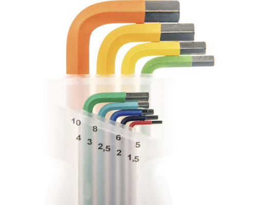 Set de nouă chei imbus din metal, dimensiuni 1,5 până la 10 milimetri, cu coduri de culori, în suport din plastic transparent.