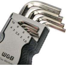 Set de chei imbus metalice WGB într-un suport cu marcaje de dimensiuni de la 1,5 la 10 milimetri.