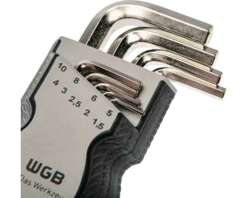 Set de chei imbus metalice WGB într-un suport cu marcaje de dimensiuni de la 1,5 la 10 milimetri.