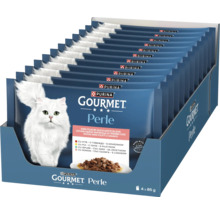 Hrană pisici Purina Gourmet Perle multipack, mini fileuri în sos, vită, pui, iepure și somon, pliculețe de 85 grame, Purina Logo.