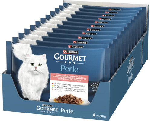 Hrană pisici Purina Gourmet Perle multipack, mini fileuri în sos, vită, pui, iepure și somon, pliculețe de 85 grame, Purina Logo.