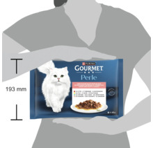 Multipack hrană pentru pisici Purina Gourmet Perle, mini fileuri în sos, 4 x 85 grame, înălțime 193 milimetri.