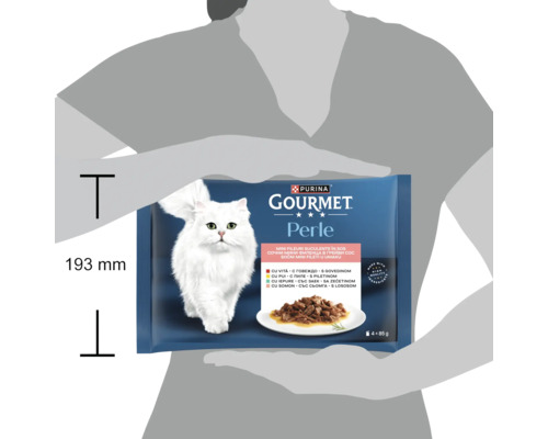 Multipack hrană pentru pisici Purina Gourmet Perle, mini fileuri în sos, 4 x 85 grame, înălțime 193 milimetri.