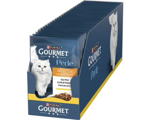 Hrană pentru pisici Purina Gourmet Perle, Mini Fileuri cu pui în sos, cutie cu pliculețe.