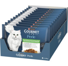Hrană umedă pentru pisici Purina Gourmet Perle mini fileuri, diverse sortimente în sos, pachet de 4 ori 85 grame în pliculețe.