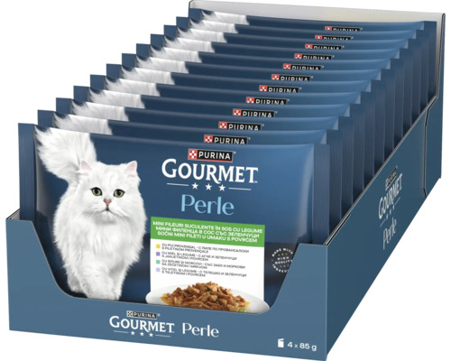 Hrană umedă pentru pisici Purina Gourmet Perle mini fileuri, diverse sortimente în sos, pachet de 4 ori 85 grame în pliculețe.