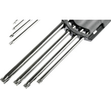 Set de chei Torx din metal cromat în suport negru.
