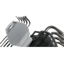 Set de chei Torx tip imbus din oțel cromat într-un suport rabatabil din plastic cu dimensiuni inscripționate.