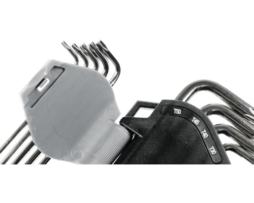Set de chei Torx tip imbus din oțel cromat într-un suport rabatabil din plastic cu dimensiuni inscripționate.