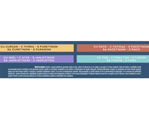 Informații despre varietățile de hrană pentru pisici cu curcan, rață, miel și ton și recomandări de hrănire.