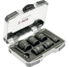 Set chei tubulare pentru mașină de înșurubat cu impact WGB 7 piese din oțel crom-molibden în cutie de plastic cu capac transparent.