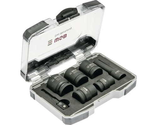 Set chei tubulare pentru mașină de înșurubat cu impact WGB 7 piese din oțel crom-molibden în cutie de plastic cu capac transparent.