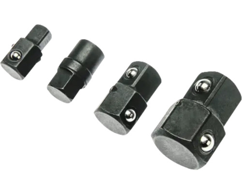 Set de patru adaptoare negre din metal pentru chei tubulare în diverse dimensiuni cu blocare prin bilă.