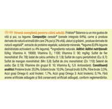 Compoziție și constituenți analitici pentru hrana uscată pentru câini adulți Friskies Balance cu vită, pui și legume.