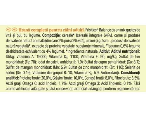 Compoziție și constituenți analitici pentru hrana uscată pentru câini adulți Friskies Balance cu vită, pui și legume.