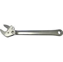 Cheie fixă reglabilă din metal cu funcție de apăsare și orificiu pentru agățat.