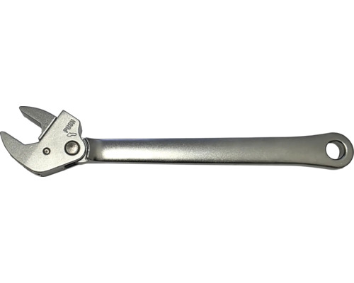 Cheie fixă reglabilă din metal cu funcție de apăsare și orificiu pentru agățat.