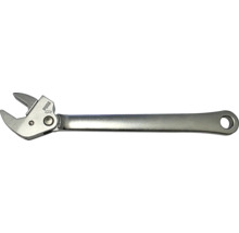 Cheie reglabilă din metal cu mecanism de reglare prin buton și orificiu în mâner.