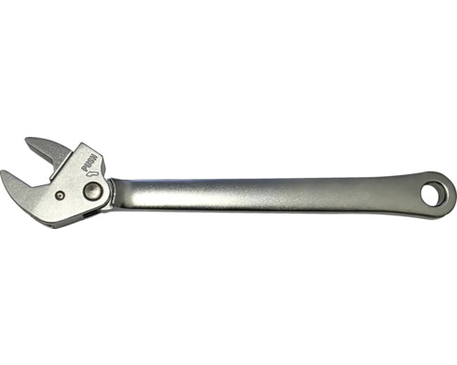 Cheie reglabilă din metal cu mecanism de reglare prin buton și orificiu în mâner.
