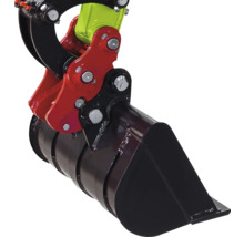 Cupă neagră pentru miniexcavator cu suport roșu, piesă de articulație galbenă și șuruburi metalice.