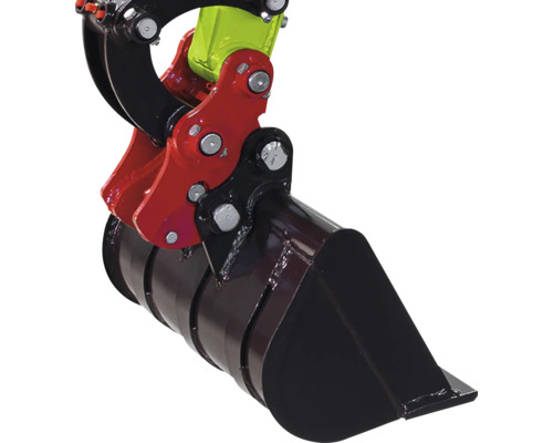 Cupă neagră pentru miniexcavator cu suport roșu, piesă de articulație galbenă și șuruburi metalice.
