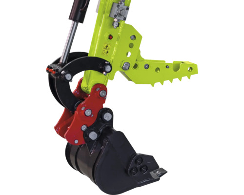 Deget mecanic pentru excavator din metal cu clește dințat verde și cupă neagră.