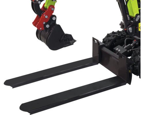 Furcă pentru paleți și cupă pentru miniexcavator din oțel negru robust.