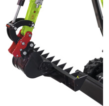 Cupă de excavator cu graifer dințat negru și roșu din oțel pentru miniexcavator.