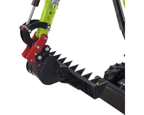 Cupă de excavator cu graifer dințat negru și roșu din oțel pentru miniexcavator.