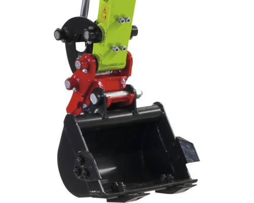 Cupă de excavator pentru miniexcavator cu cuplaj rapid și braț de excavator din metal în culorile negru, roșu și verde.