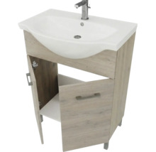 Set de mobilier pentru baie format din lavoar din ceramică albă, baterie cromată și mască în aspect de lemn cu două uși și mânere metalice.